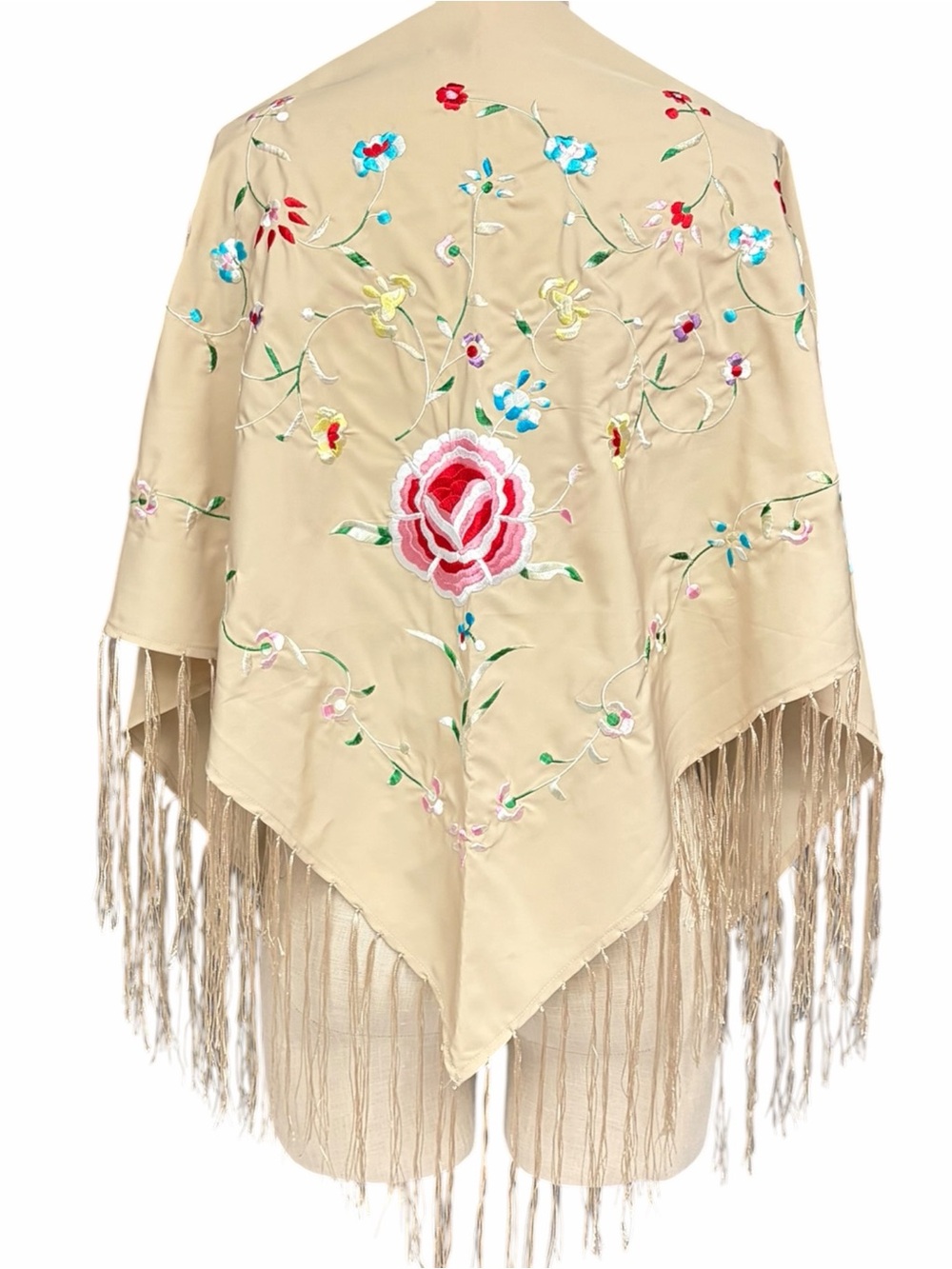 Embroidered Floral Fringe Shawl Wrap Beige Boho Piano Scarf Medium